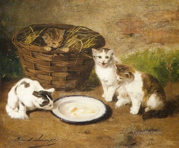 Kittens by a Bowl of Milk Alfred Brunel de Neuville Oil Paintings